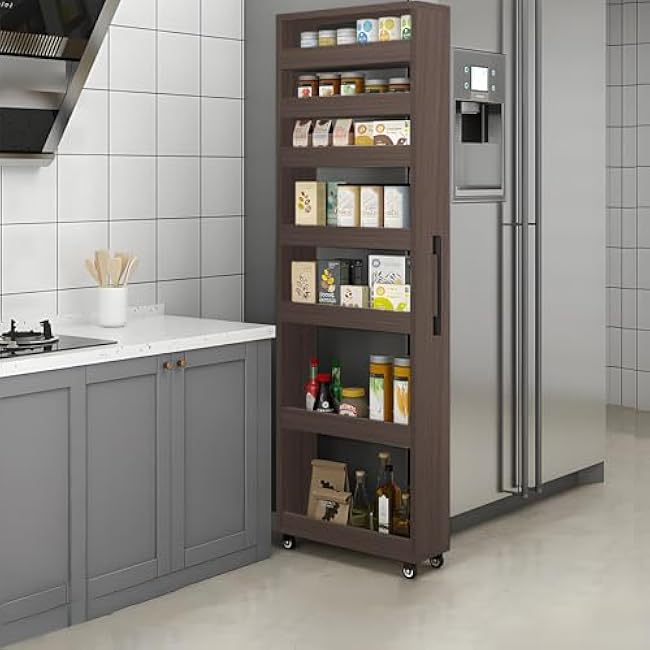Wood Slim Storage Cart,Rolling Spice Rack Next to Fridge Slim,Rolling Cart for Kitchen Dining Room Brown 7.9¡Á21.6¡Á72.4in-5Ha9A40G