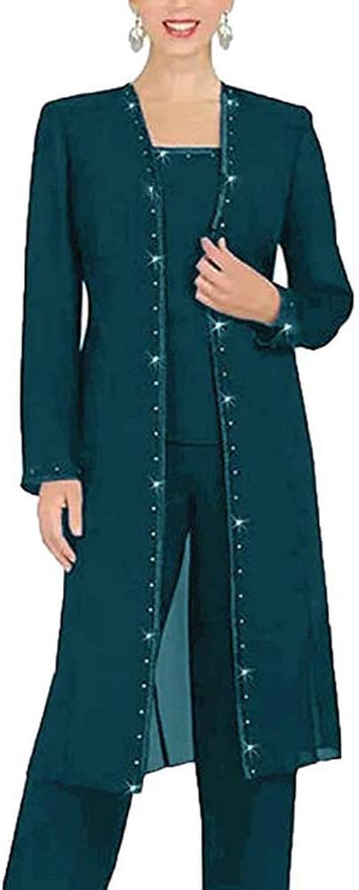 Leader Of The Beauty Women's Teal 3 Piece Chiffon Beaded Pant Suits Mother Of The Bride Pant Suits With Long Jacket For Formal 20 Black