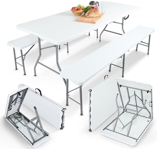 Arebos Bierzeltgarnitur 3-teilig Set Tisch + 2 x Bank | Biertisch Set | Festzeltgarnitur für drinnen - draußen | Zusammenklappbar & | Tragegriff Campingtisch | Weiß