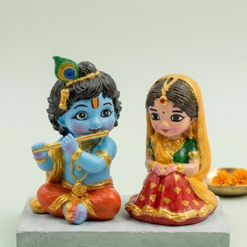 Image of Miniature Radha Krishna Pair Showpiece - Small Resin Cute Bal Gopal and Radha Rani Doll Set for Living Room Decoration, Janmashtami Decor, Navratri Golu & Wedding Return Gifts