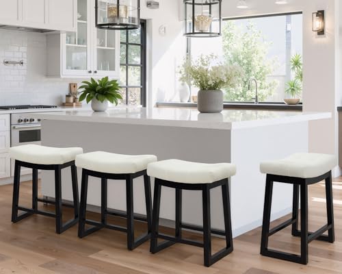 Image of Counter Height Bar Stools Set of 4, 24 Inch Backless Upholstered Counter Stools with Solid Rubberwood Legs, Modern Farmhouse Saddle Stools for Kitchen Island, Home Bar, White Linen Fabric