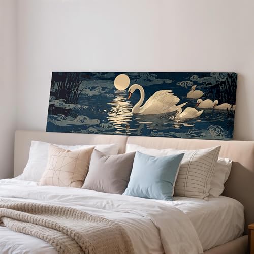 Toile panoramique cygne au clair de lune format horizontal 45x135 cm pour chambre