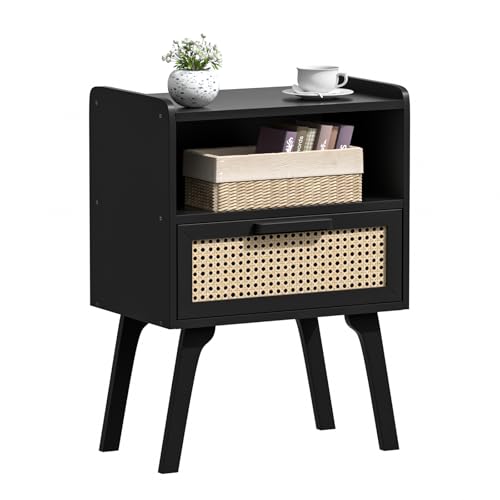 Image of Lerliuo Rattan Nightstand, Bedside Table with Drawer Open Shelf, Cane Accent Side End Table with Solid Wood Legs, Black Mid Century Night Stand for Bedroom, Dorm and Small Spaces