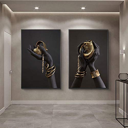 Art mural sur toile afro-américaine Portrait de femme noire Bijoux en or Collier Bracelet Photos Peinture Décoration d'art de chambre à coucher moderne 28x42 pouces (70x105cm) x2 sans cadre