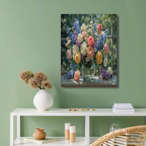 Mural de ramo de primavera de 80x120cm en lienzo verde oscuro sin marco 6