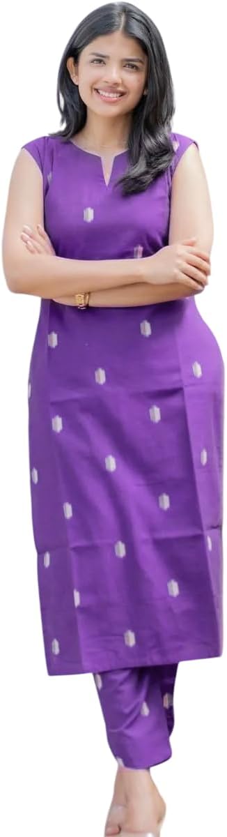 Women's Cotton Straight Kurta Set with Polka Dot Pattern, Sleeveless Casual Ethnic Wear, Traditional Indian Dress