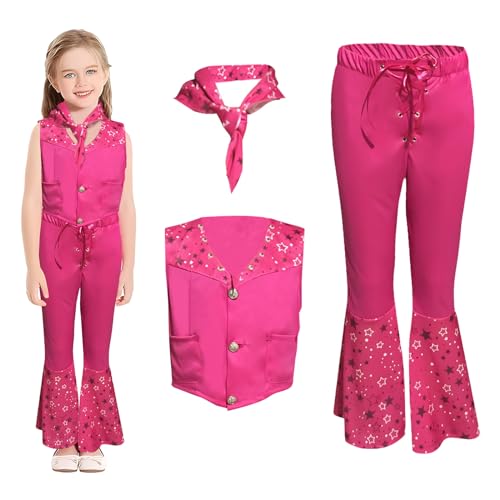 BIQIQI Mädchen Cowgirl Kostüm, Filmheldin Cosplay, Rosa Cowgirl Outfit, Kinder Western Kostüm, 70er 80er Hippie Disco Kostüm, Mode Kostüm für Halloween Geburtstag Party Bühne