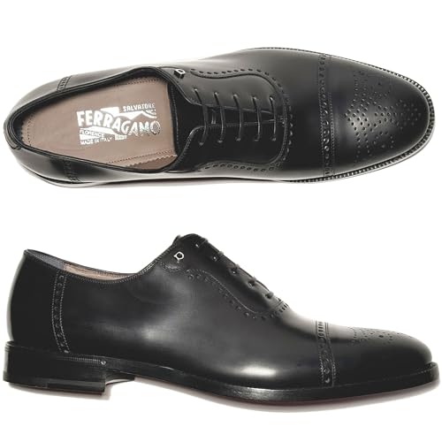 LANNON Black Leather Cap Toe Brogue Gancini Oxford Men's Dress Shoes, Nero