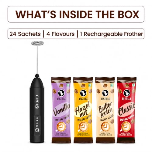 Image of Bevzilla 24 Assorted Coffee & Rechargeable Electric Frother Combo Pack | 3-Speed Setting with Type-C Fast Charging| 6 Pouches Each Flavour | Cafe Coffee Kit | Enjoy Hot & Cold