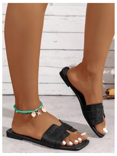 OYOANGLE Women's PU Leather Dressy Flat Sandals Square Open Toe Slip on Summer Slide Shoes4