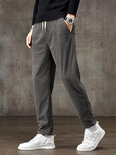 Image of BLUECORP ENTERPRISE Men's White Corduroy Casual Pants, Straight Leg, Drawstring Waist, Pockets