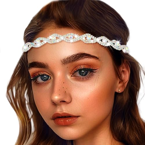 Yokawe Wedding Rhinestone Headband Crystal Head Chain Elastic Bridal Sparkle Multicolors Headpieces for Women (Silver B)