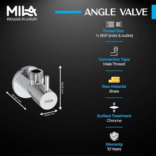 Image of Mila Classique Brass Angle Valve with Wall Flange Pack of 2 | Mirror Chrome Finish | Quarter Turn Cartridge | inch BSP Male Thread Inlet & Outlet | Durable, Leak-Proof, Multi-Purpose | 10-Year Warranty