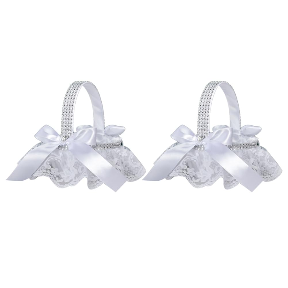 CTRLZS 2Pcs White Flower Girls Basket Wedding Basket for Flower Bride/Kids Hand Held Wedding Ceremony Party Decorations,A