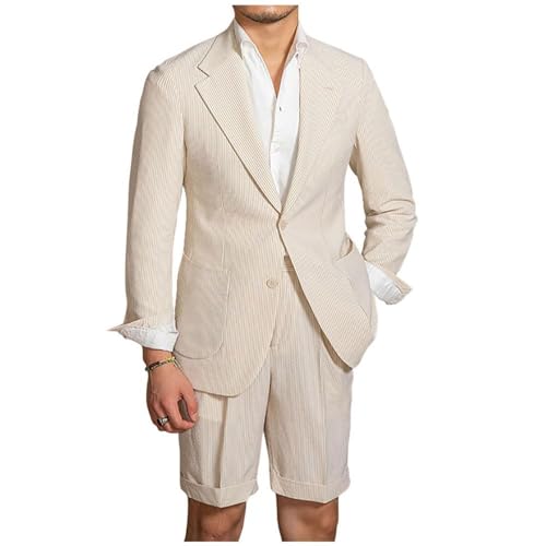 Mens Short Seersucker Suit Casual Striped Summer Beach Wedding Grooms Lightweight Blazer Jacket Shorts 2 Piece Set - Main Image