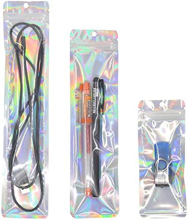 100 bolsas de plástico con holograma de papel de aluminio y cierre transparente con cremallera, bolsa de plástico larga para relojes, joyas, bolsas