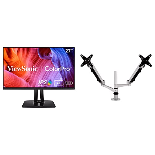 Image of ViewSonic VP2756-4K 27 Inch Premium IPS 4K Ergonomic Monitors and LCD-DMA-002 Spring-Loaded Dual Monitor Mounting Arm with Vesa Mount