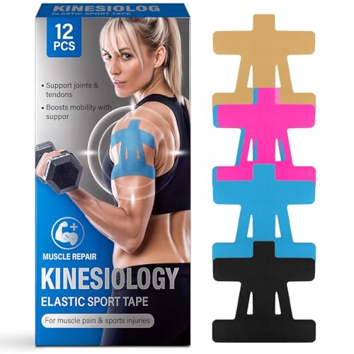 Precut Kinesiology Tape for Shoulder - 12 Strips Water-Resistant Breathable Athletic Tape - Muscle Support for Shoulder Stability Swimming Weightlifting and Gym