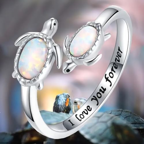 Opal Sea Turtle Ring Inspirational I Love You Forever Adjustable Open Nature Ocean Mother Daughter Ring Cute Tortoise Animal Lovely Little Jewelry Gifts for Women Girls Family Friendship Infinity3