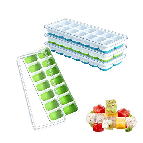 Ice Cube Tray with Lid, Easy-Release and Flexible 14-Ice Trays with Spill-Resistant Removable Lid, Silicone Ice Cube Mold for Whiskey, Cocktail, Beverages, 4 Pack of Ice Cube Maker (2 Blue & 2 Green)