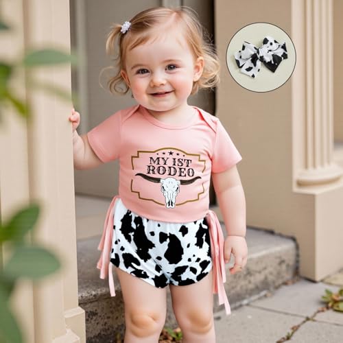 Western Baby Girl Clothes Cowgirl My 1st Rodeo Ruffle Romper Shirt Cow Print Bloomer Shorts 3Pcs Coming Home Outfit2