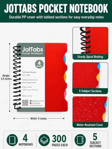 Image of DOODLE Set of 4 Pocket 5 Subject Notebooks | 300 Pages Each | Spiral Bound Mini Notebook with Color Indexed Tabs | Pocket Journal for School, College, Office & Note Taking