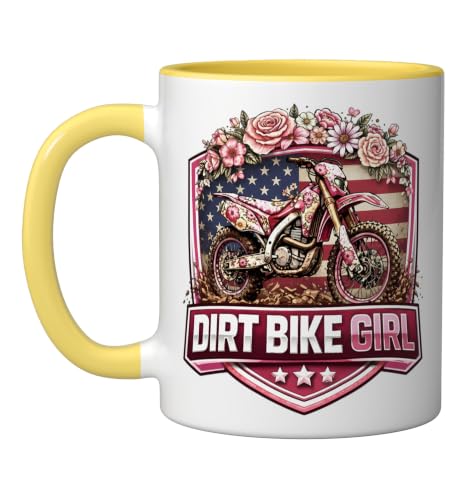 Floral Diret Bike Girl Womens Dirtbike Rider American USA MX Ceramic Mug, Yellow/White