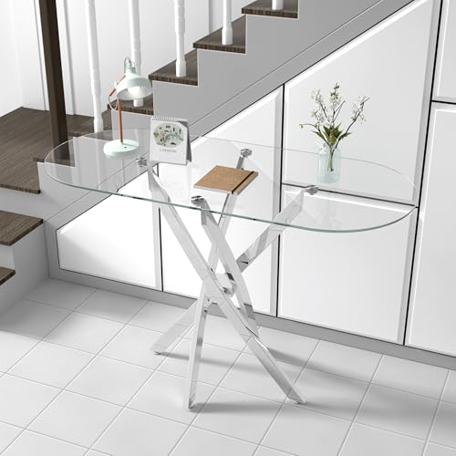 Mesa consola de cristal rectangular con patas cromadas GOLDFAN para recibidor y salon 8