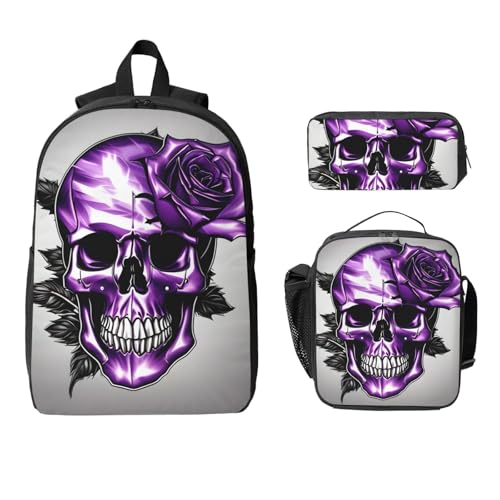 Purple Rose and Skull print Backpack Bookbag for Daily Use,3 Pcs Backpack Set with Lunch Box and Pencil Case2