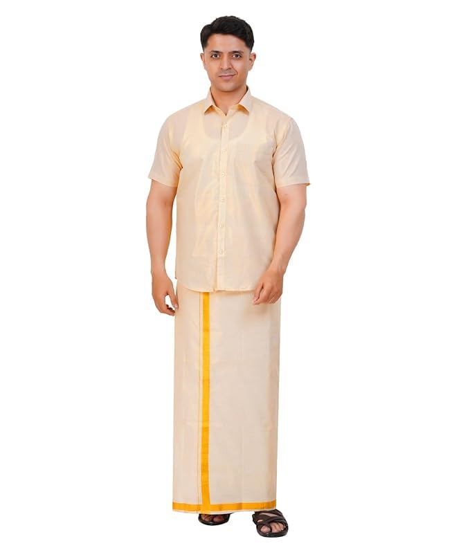 rathi rich silk Men's GoldTissue Dhoti and Shirt Set – Traditional South Indian Ethnic Wear | Festival & Temple Attire | Premium Cotton Blend Half-picture-30