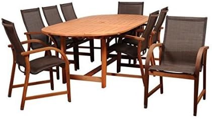 International Home Miami BT359-8MANHA-BR Amazonia Bahamas 9 Piece Eucalyptus Extendable Rectangular Dining Set with Brown Sling Chair