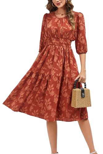 Image of Kormei Women Casual Boho Floral Round Neck 3 /4 Sleeve Smocked Waist Tiered A Line Flowy Swing Midi Dress Long Dresses