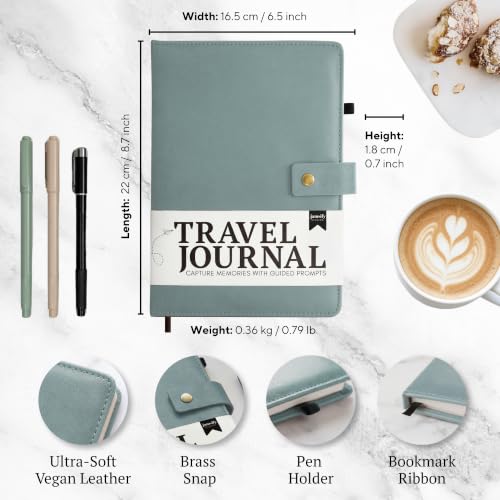 Image of Travel Journal with Prompts (Hardcover) 2nd Edition - Vegan Leather Adventure Essential - 2-Page-A-Day Travel Journal (40 Days) for Women Men Nonbinary - A5 Daily Diary & Traveler Notebook - Gift - Present - Cool Mint