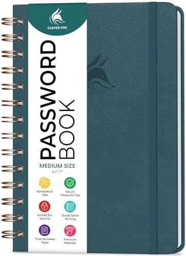 Clever Fox Password Book Keeper Notebook, Spiral-Bound Medium Deep Sea