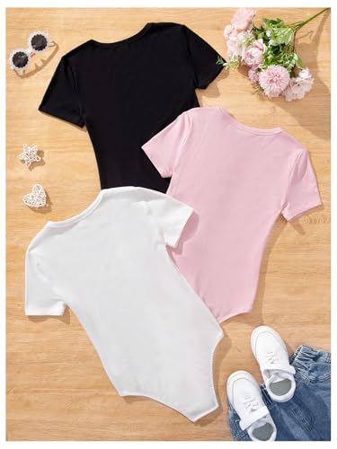 SweatyRocks Girl's 3 Pack Bodysuits Short Sleeve Crew Neck Ribbed Dance Leotards Sets Multicolor 10Y