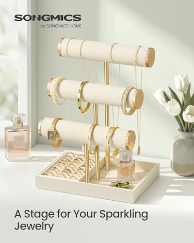 Image of SONGMICS Bracelet Holder Stand, Jewelry Display Stand, Jewelry Organizer, with 3 Tiers and Velvet Tray, Removable Ring Holder, Cream White and Pale Gold UJJS027W101
