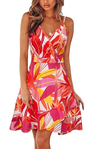 Image of ULTRANICE Womens Summer Dresses Floral V Neck Ruffled Hem Spaghetti Spring Casual Beach Outfits Flowy Wrap Sun Dress