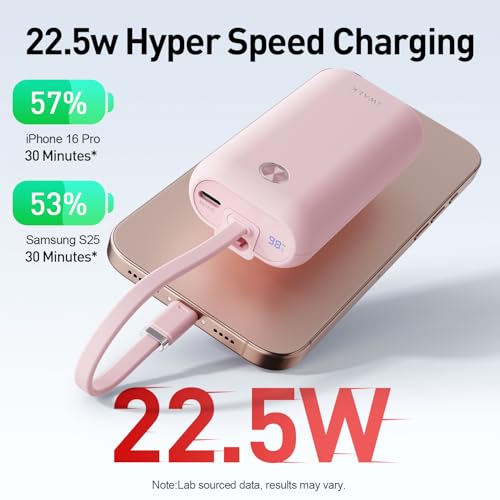 Image of iWALK Mini Portable Charger 10,000mAh, 22.5W USB-C Fast Charging Power Bank with Built-in Cable, Travel Essential Ultra-Small Battery Pack Compatible for iPhone 17 /16 /16 Pro /15, Samsung, Google, Pink