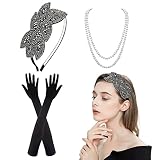 MIVAIUN 3 Stück 1920s Flapper Set, Flapper Stirnband, Vintage Kristall Stirnband, 1920er Stirnband Damen Haarreif Gatsby Kostüm Accessoires, 20er Jahre Flapper Haarband Schwarz, Handschuhe