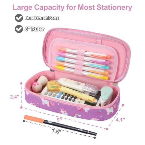 Image of Cute Kids Pencil Case - Girls Pen Pouch Large School Organizer | Pen Bag & Smooth Zipper, Multi-Slot Storage, Mesh Pocket, 900D Water Resistent, Giftable School Supplies, Pink Purple Unicorn
