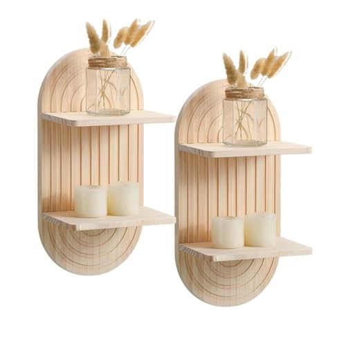2 unidades de estantería de pared de madera, estilo bohemio, decoración de pared, arco iris, 18 x 12 x 34,5 cm, pequeño, para salón, dormitorio, decoración de pared (color madera, doble ovalado)