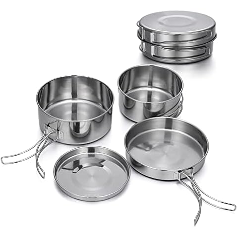 Aomiun Camping Cookware Set,4 PCS Stainless Steel Camping Pot Set Lightweight Camping Saucepan Set for Backpacking Camping Hiking Cover