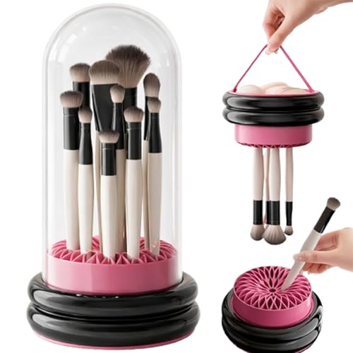 TIMISTARS Makeup Brush Holder Cleaner, 3 in 1 Silicone Makeup Brush Cleaning Bowl with Drying Rack, Detachable Brush Organizer for Brushes, Sponges & Puffs, Black and Pink