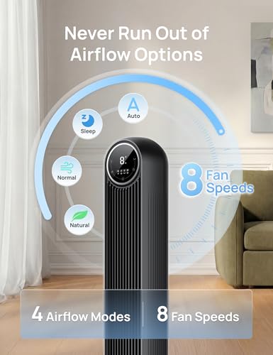 Image of DREO Tower Fan for Bedroom, 2026 Upgraded DC Motor, 28ft /s High Velocity, 20dB Ultra Quiet Standing Fan, 8 Speeds 4 Modes, 90 Oscillating Bladeless Fan for Indoors, Floor Fans with Remote, Black