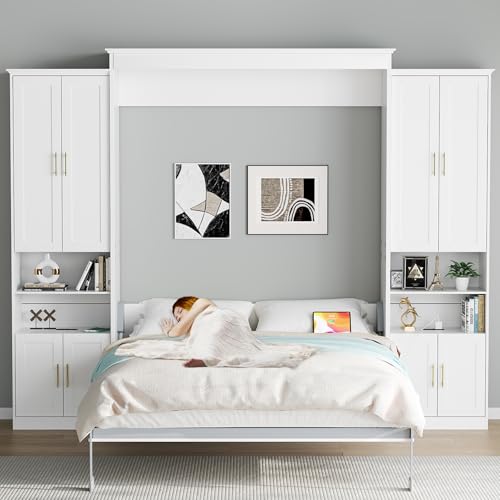 Rophefx Murphy Bed Queen with 2 Side Cabinet Storage Shelves, Queen Wall Bed Cabinet with USB Port, Wood Foldable Platform Bed Frame, Space Saving Beds, Modern Hidden Bed for Guest Room, Home, White