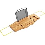 SONGMICS Extendable Bamboo Bathtub Caddy Tray Adjustable Side Rubber Grips Stainless Steel Rack Bathroom Organizer with Holder Rack for Wine Books iPad Phone UBCB22Y