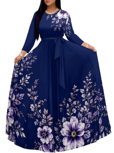 Image of Women Plus Size Long Sleeve V Neck Maxi Dress with Belt | Soft fabric relaxed fit three quarter sleeve v neck with pockets for party and daily wear