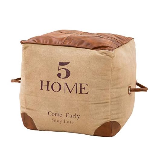Italian Concept, Pouf con Struttura in Legno, Imbottitura in Poliuretano e Rivestimento in Tessuto e Top in Cuoio, Marrone, Unica