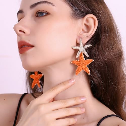 Raffia Starfish Earrings, Raffia Straw Wrapped Starfish Drop Dangle Earrings Summer Tropical Beach Jewelry3