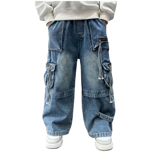 Baggy Cargo Jeans for Teen Boys Kids Casual Relaxed Fit Elastic Waist Wide Leg Tassel Zipper Denim Pants with Pockets